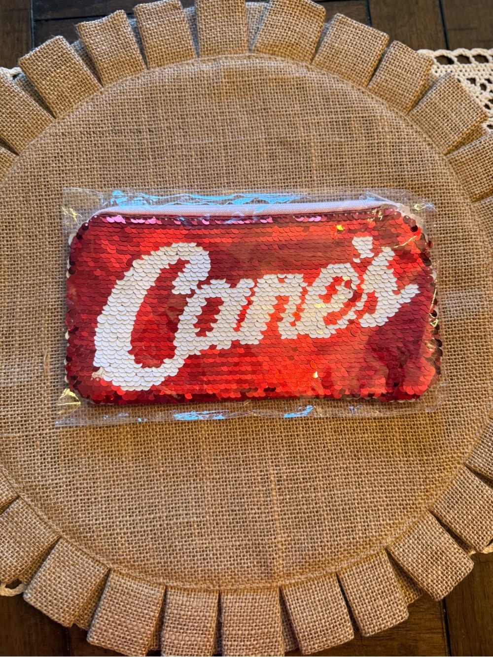 Sequined Reversible Red and White 'Cane's' Cosmetic Pouch - Home Party Supplies
